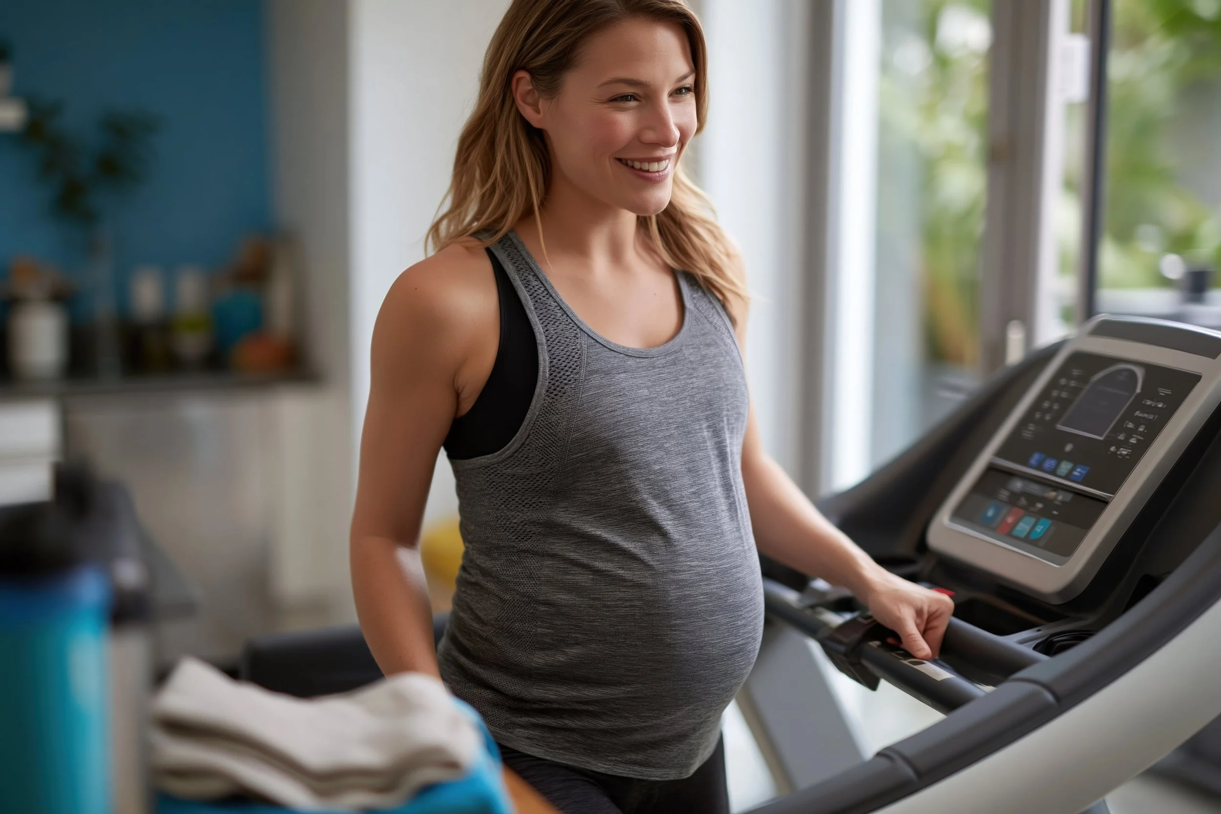pregnant woman standing on treadmill
