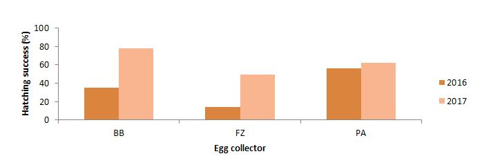 Figure 7. Egg Collectors 2016 and 2017 hatching success (%). BB - Batu Batu; Fz - Fazali; PA - Pak Ali.