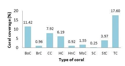 Figure SEQ Figure \* ARABIC 10. Junior's Reef coral coverage and composition (%). BoC - boulder coral; BrC - brain coral; CC - cabbage coral; HC - hard coral general; HnC - honneycomb coral; MsC - mushroom coral; SC - soft coral; StC - Staghorn coral; TC - table coral.