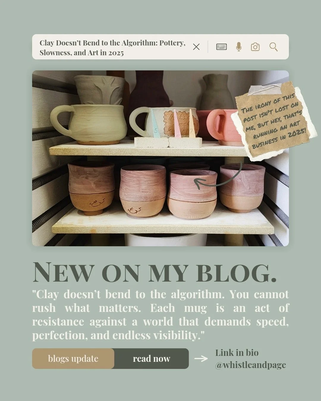 Lately, I&rsquo;ve been thinking about what it means to be a potter in 2025 &mdash; when reels and algorithms demand speed, but clay demands seasons.

This new blog is raw and maybe a little radical. It&rsquo;s about mugs as anchors, cracks as creden