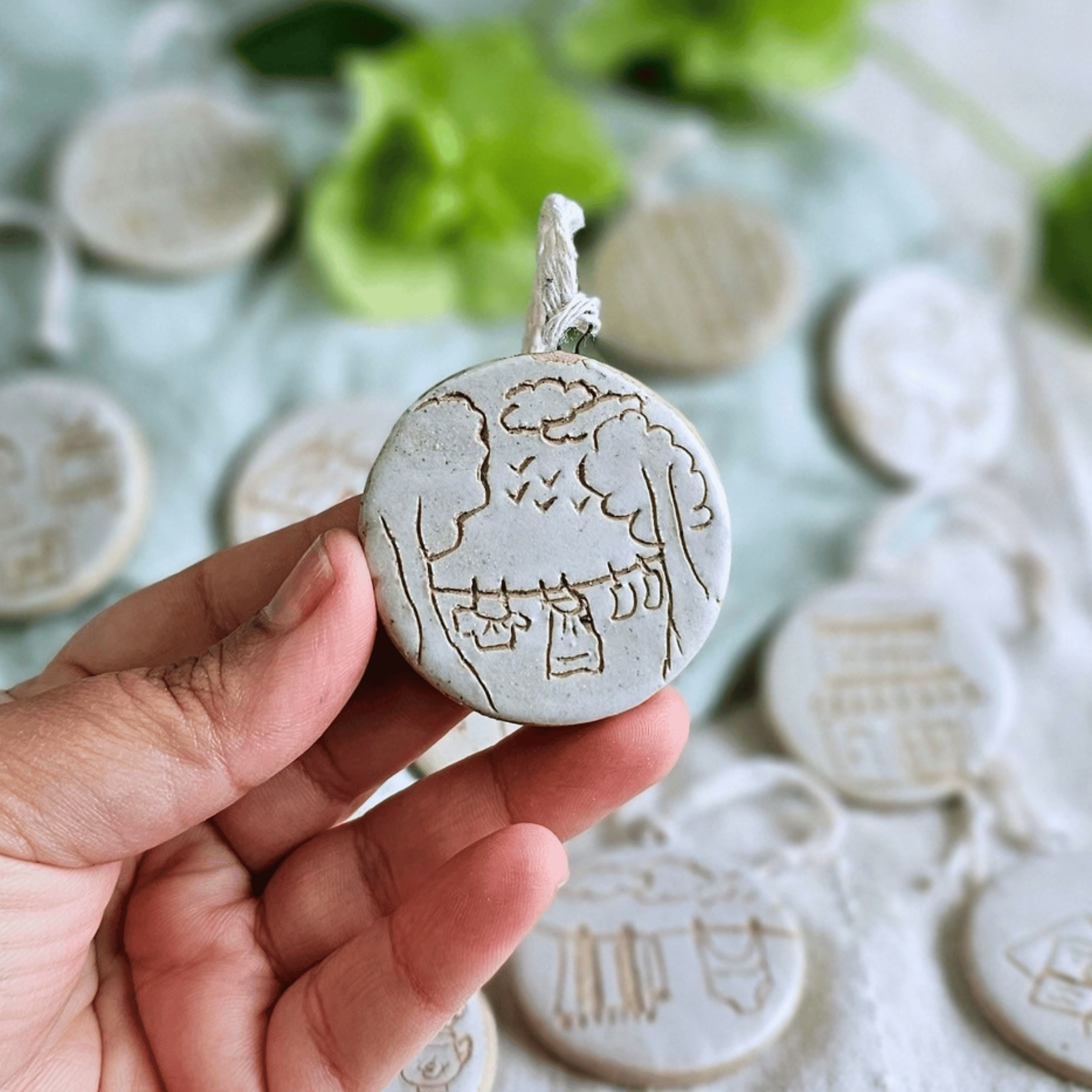 Ornaments_sgraffito_white glaze_in hand_clothsline between trees.png