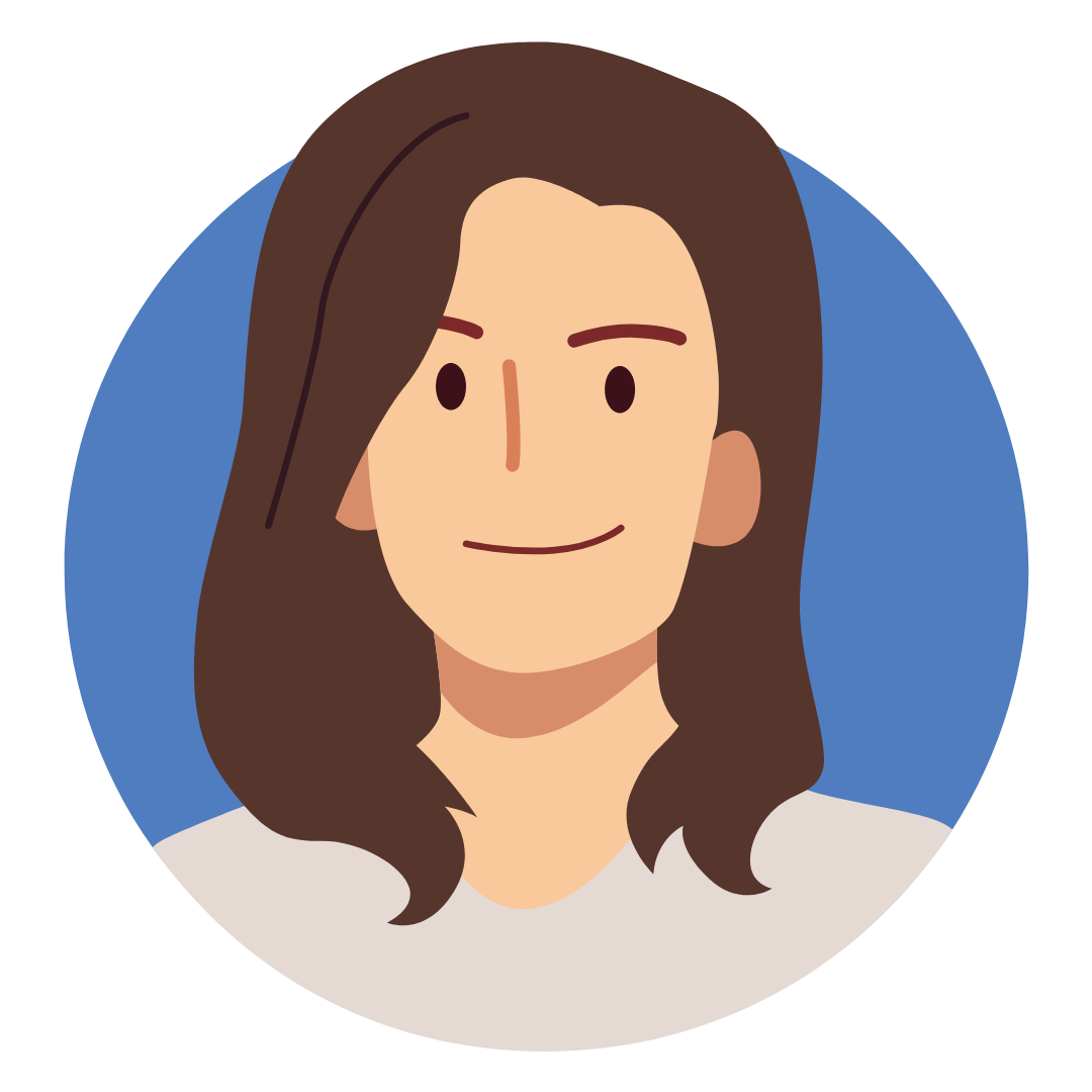 Illustration of a woman with brown hair, smiling, wearing a light-colored top, against a blue circular background.