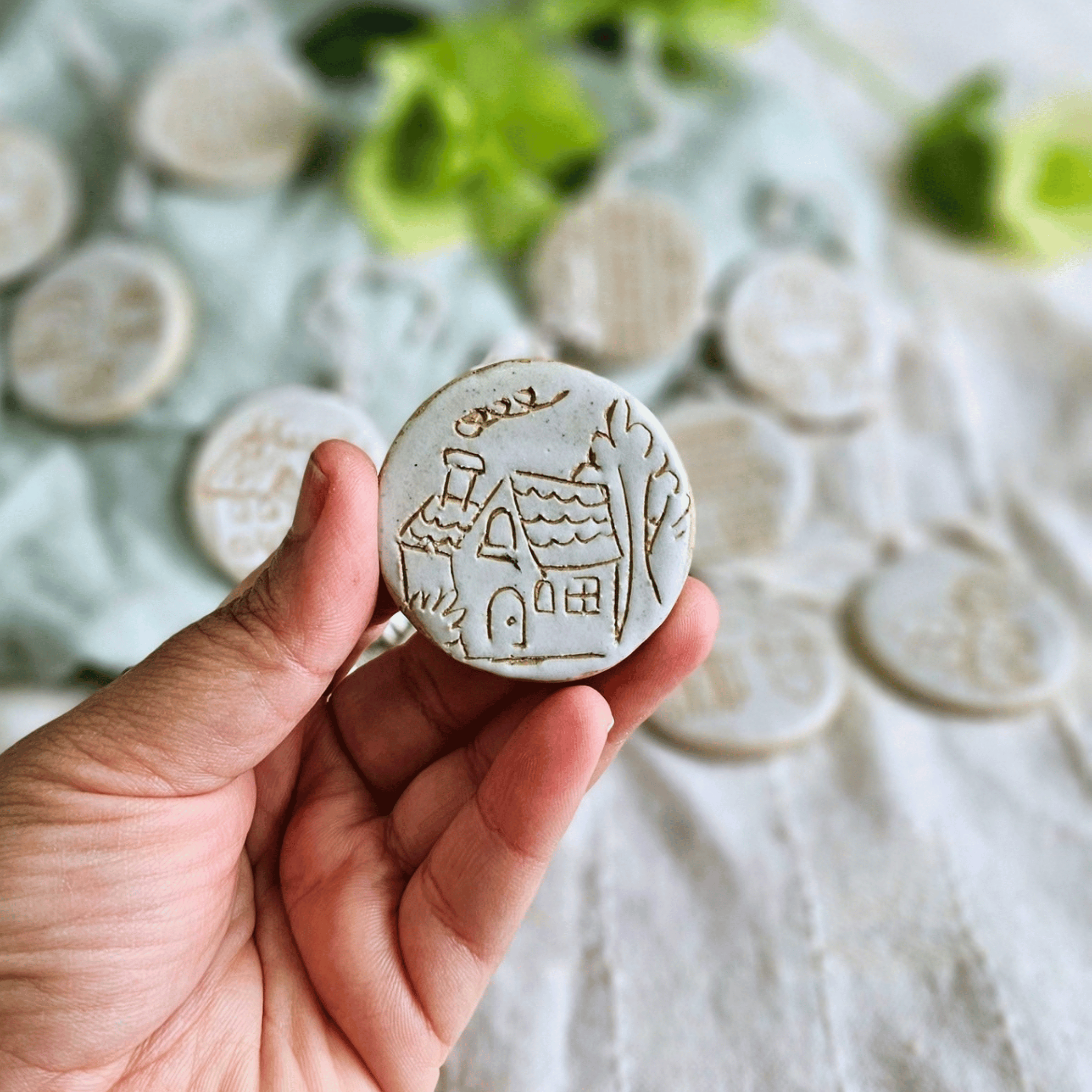 Ornaments_sgraffito_white glaze_in hand_farmhouse with smoking chimney.png