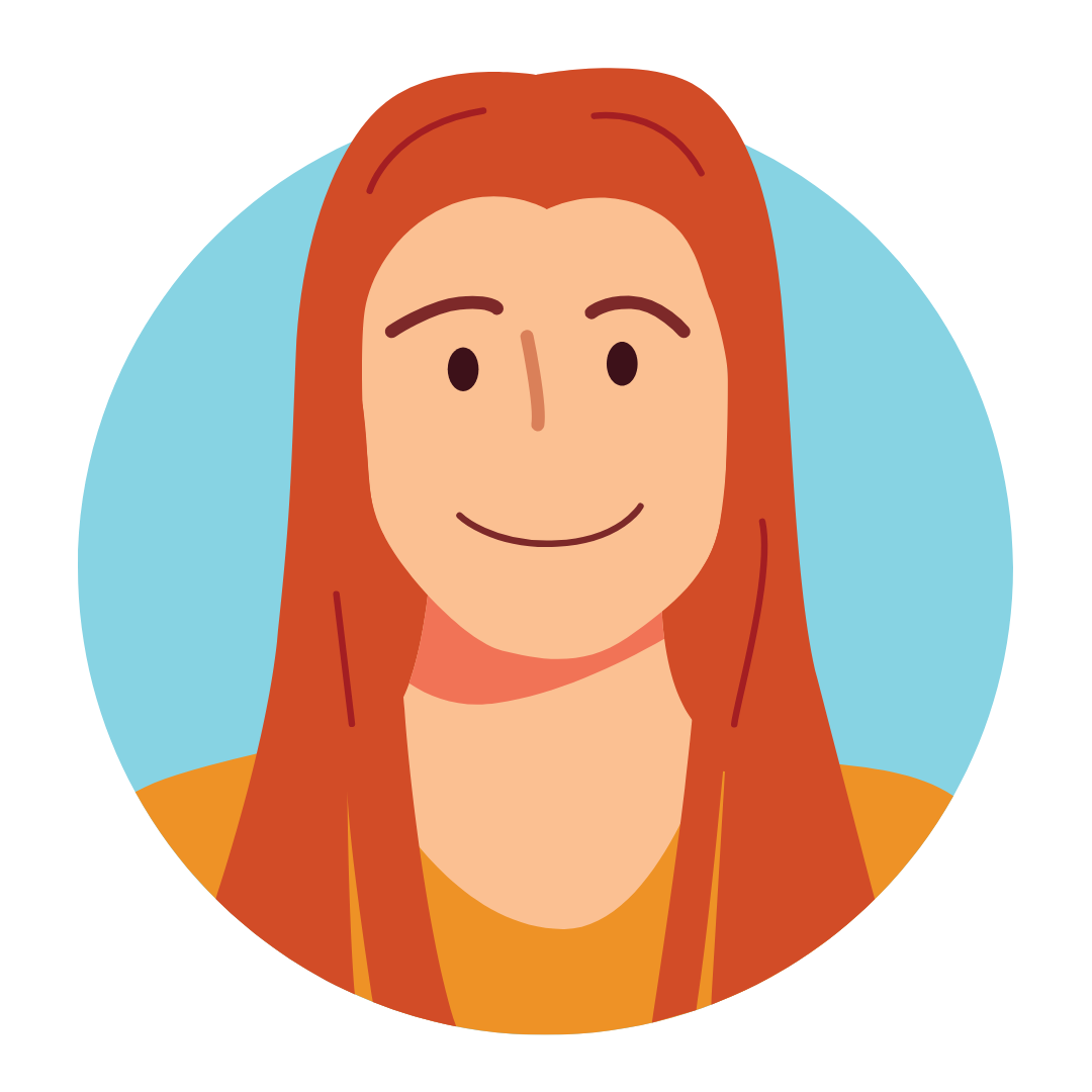 Digital illustration of a woman with long red hair, light skin, smiling, against a blue circular background.