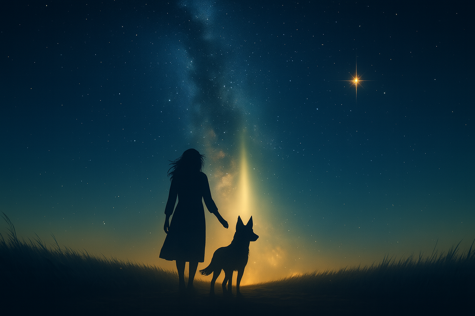 A silhouetted woman with long wavy hair walks beside her dog with upright ears beneath a radiant night sky filled with stars and the glowing Milky Way, symbolizing eternal love and connection beyond life.