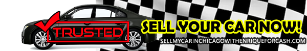 alt=A black car labeled TRUSTED with a red check mark, a sign that says sell your car now! with a checkered background.