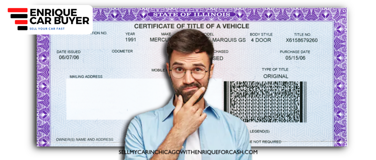 alt=A confused man wearing eye glasses with a Illinois certificate of title in the background.