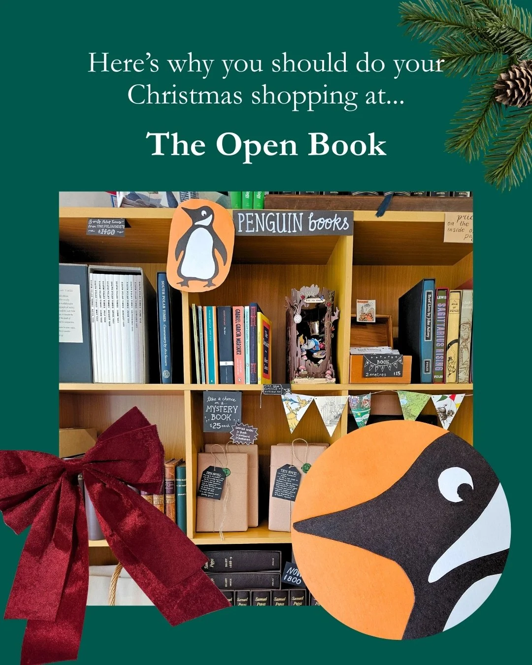 Reasons why YOU 🫵 should do your Christmas shopping at The Open Book!

🖼 You can purchase art, bookmarks, and cards by local artists!

🧐 We have curiosities and collectibles &ndash; why not gift an heirloom?

⭐️ The vibes are ✨immaculate✨ and a vi