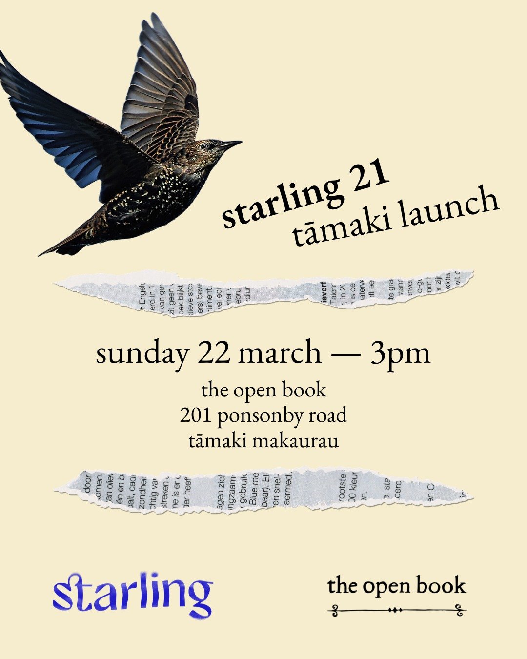 ⭐️ EVENT: Starling 21 Tāmaki Launch ⭐️

Celebrate @starlingmagazine's newest launch with us at The Open Book, and marvel at their gorgeous new branding to boot!

Gather with us to hear readings from the incredible authors in this issue while you enjo