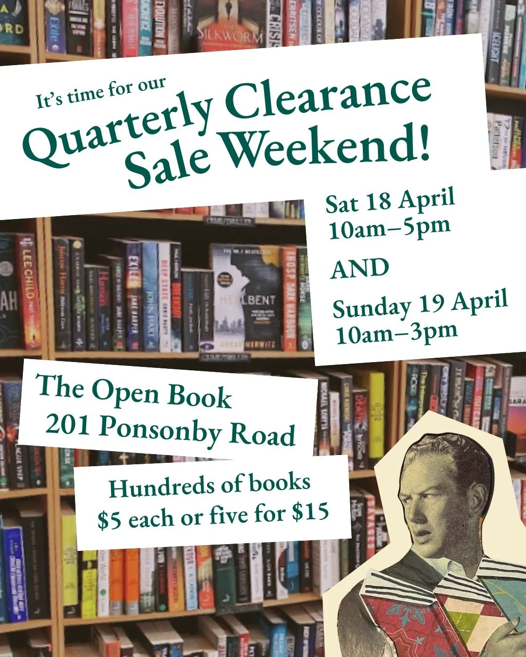From 10am to 5pm Saturday 18 April, and 10am to 3pm Sunday 19 April, come and browse ~1,500 clearance books &ndash; all $5 each or five for $15. Plus 10,000 other second-hand books on the shelves at their normal reasonable prices. So many cheap books