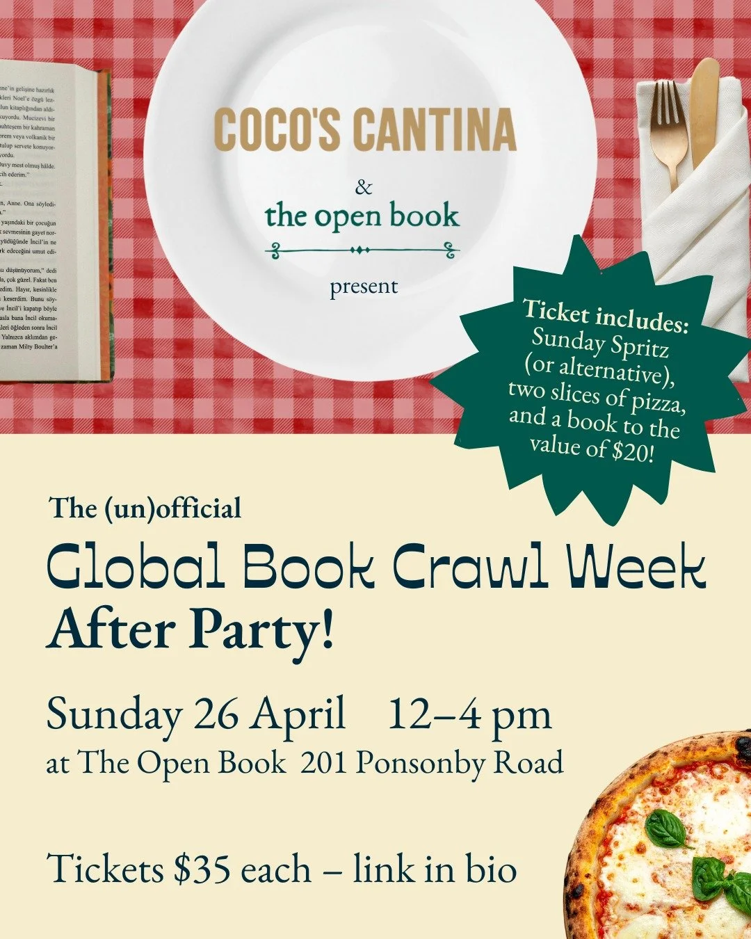 🍕 EVENT: Books + pizza popup! 📚

Coco's Cantina and The Open Book are teaming up for a laid-back, book-loving, spritz-sipping Sunday, co-hosting the (un)official wrap party for Global Book Crawl Week.

Join us at The Open Book on Sunday 26th April 
