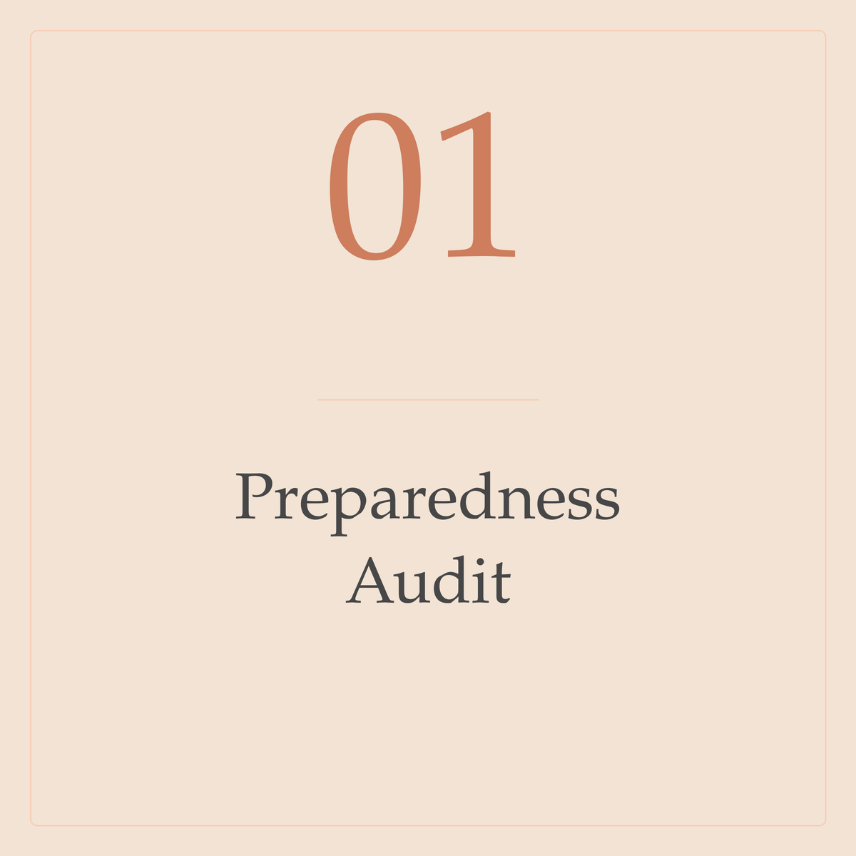 Cream square card displaying “01” in terracotta and “Preparedness Audit” in dark grey.