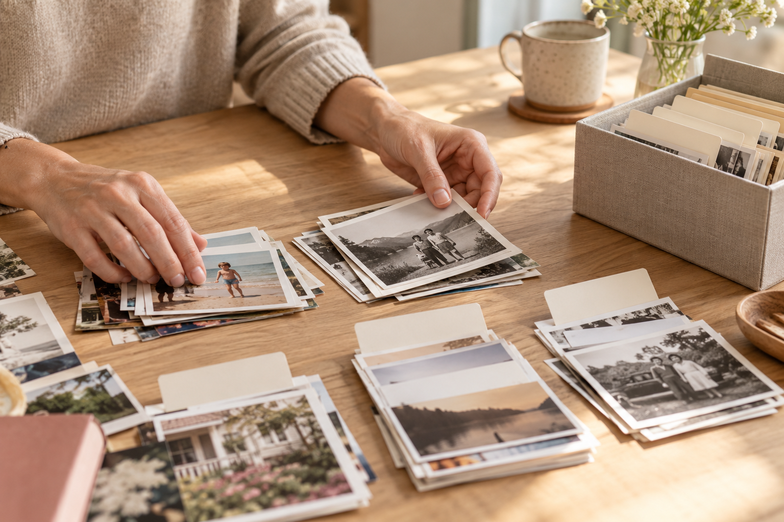 Family photographs organized into categories before digitization
