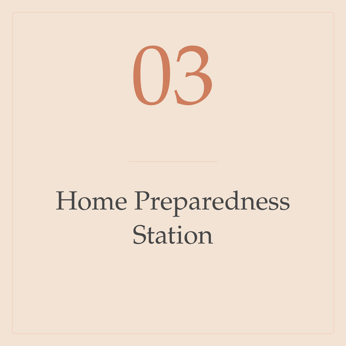 Cream square card displaying “03” in terracotta and “Home Preparedness Station” in dark grey.