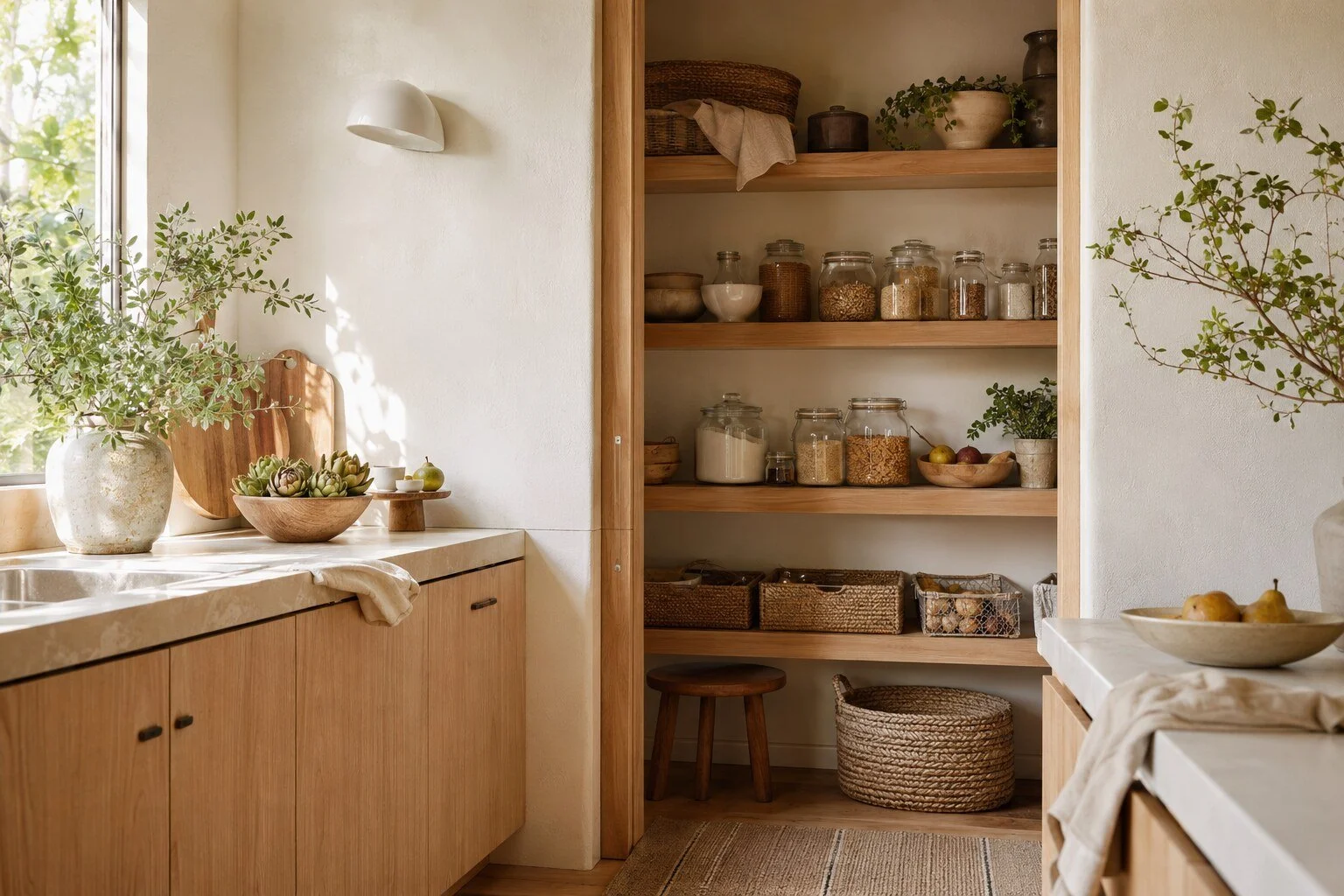 Warm, naturally organized kitchen pantry with simple storage systems