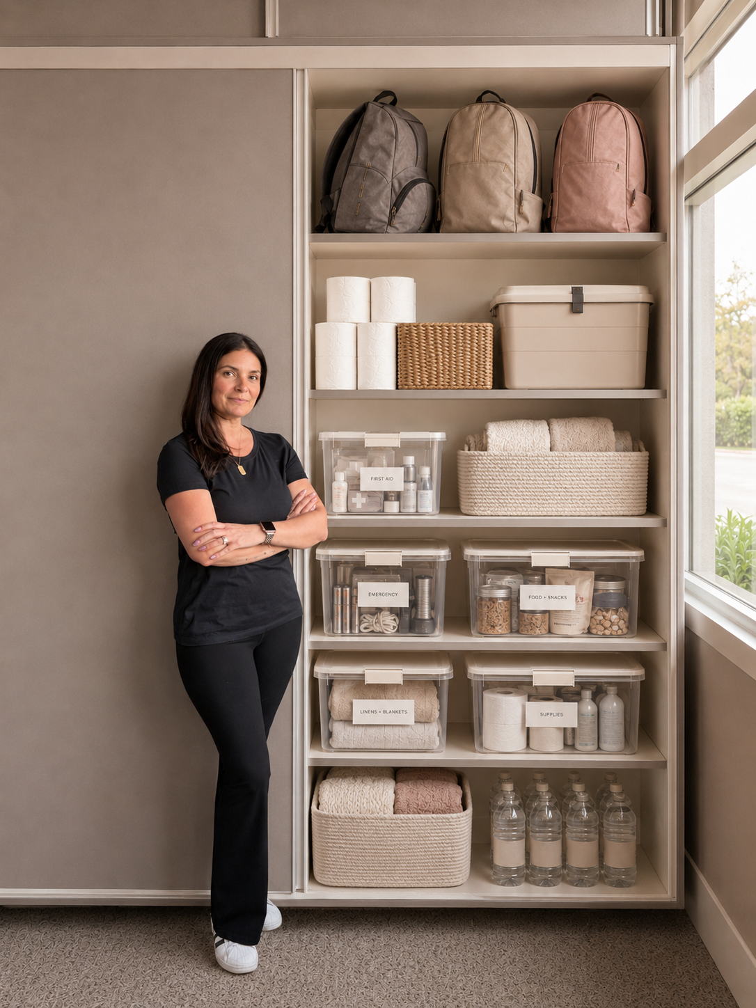 Elsa Elbert standing beside an organized home preparedness station with labeled emergency supplies, go-bags, water, first aid, and household essentials.