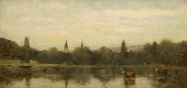 Jean-Baptiste-Camille Corot : Bords d’une riviere avec deux clochers emergeant des arbres, oil on panel, 9×17.5