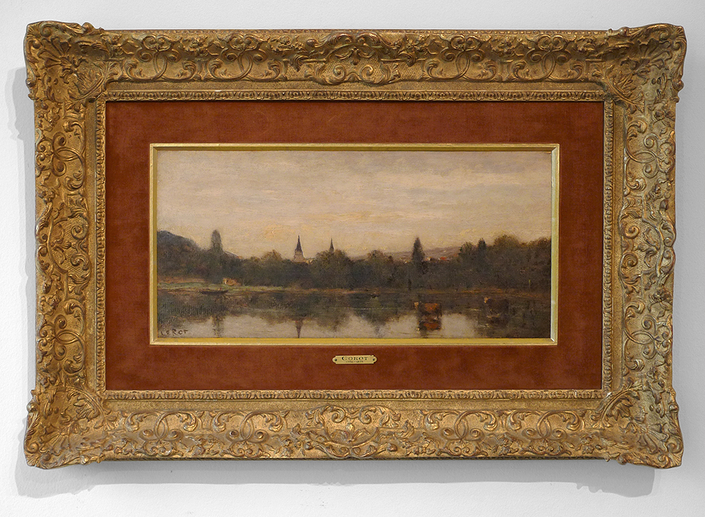Jean-Baptiste-Camille Corot : Bords d’une riviere avec deux clochers emergeant des arbres, oil on panel, 9 x 17.5 in