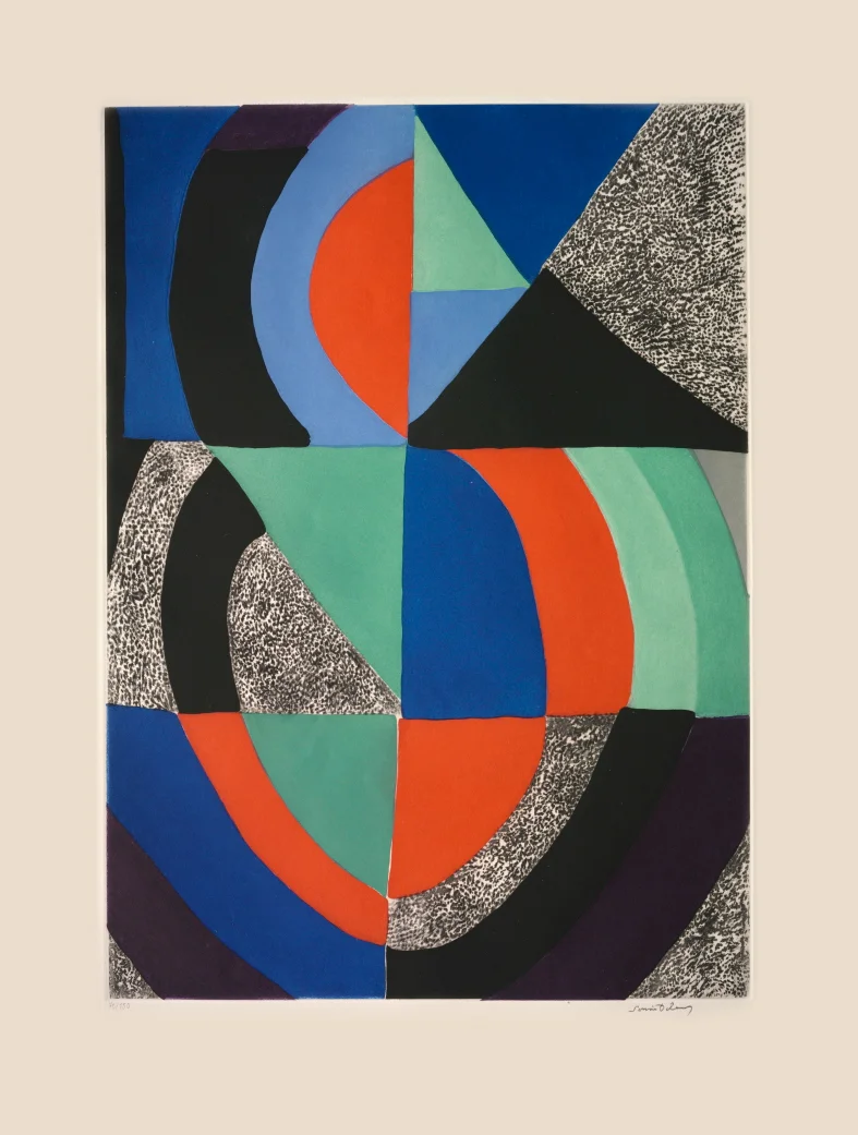 Sonia Delaunay-Terk : Composition, c1970, etching, aquatint, edition 150, signed, plate 19.5 x 27.1, sheet 24.75 x 35.75 inches
