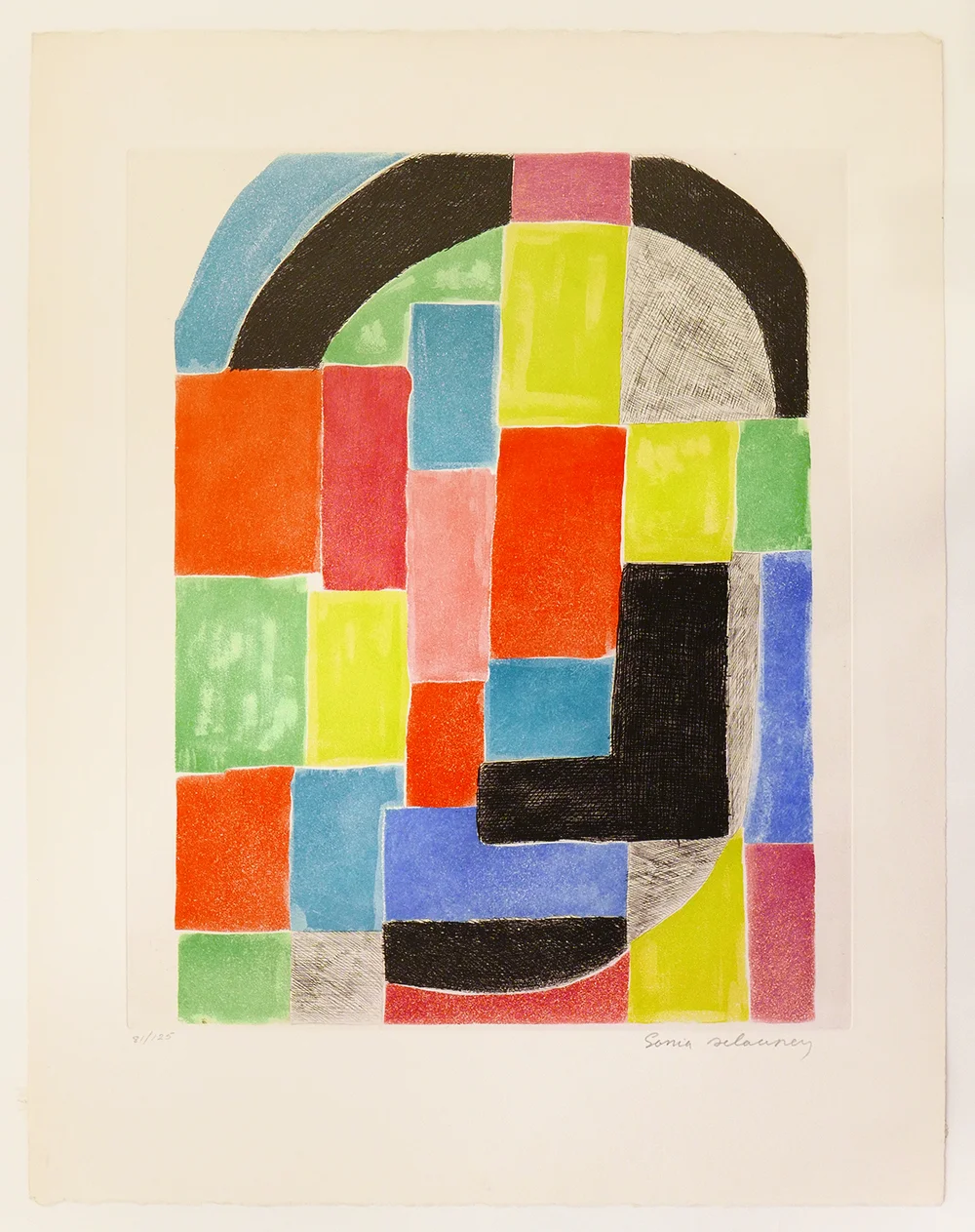 Sonia Delaunay-Terk : Composition With Black Arc, c1970, aquatint etching, edition 125, image 19.5 x 15 inches (39.5 x 49.5 cm), sheet 26 x 19.75 inches (66 x 50.2 cm)