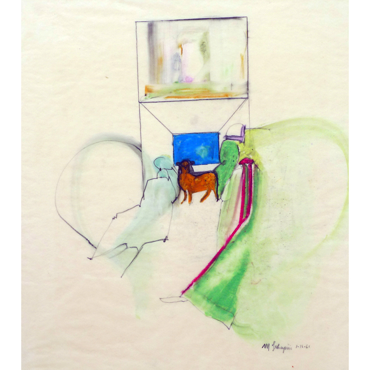 Miriam Schapiro : lamb with figures, 1961, pen, ink, drawing, 16 x 1441 x 36 cm
