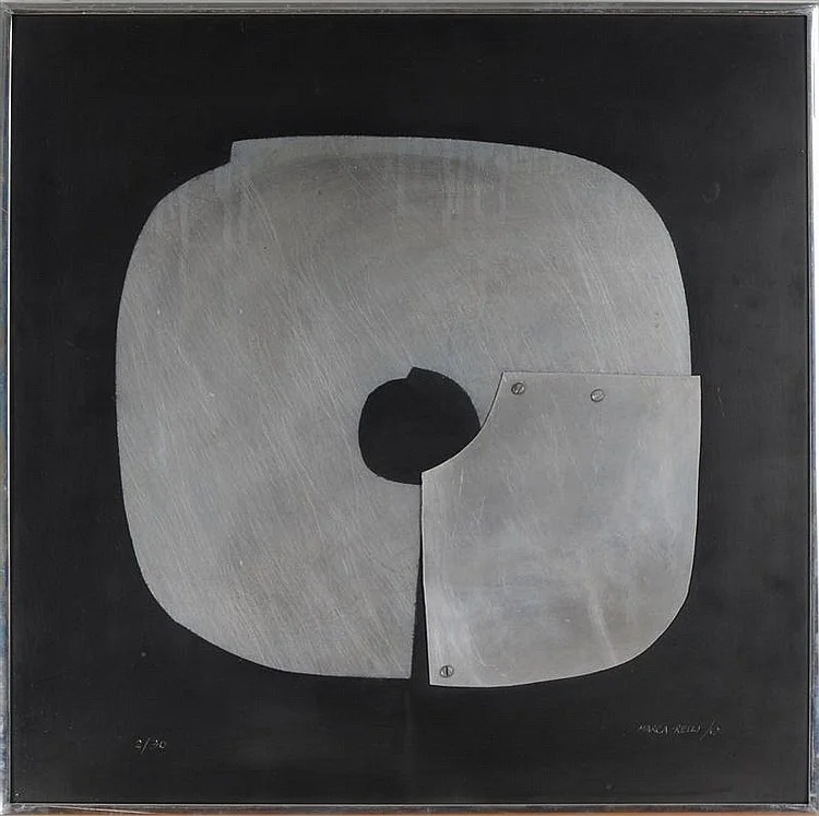 Conrad Marca-Relli : untitled, 1967, oil on panel and metal collage-ed30, 17.6 x 17.6, parta