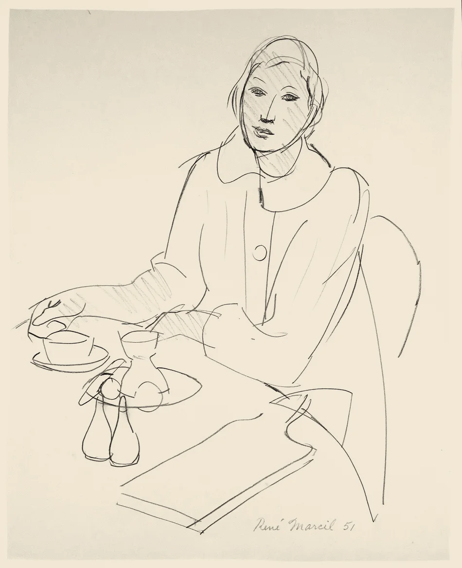 Rene Marcil : Untitled, woman at table, 1951, graphite on paper, 17 x 14 inches