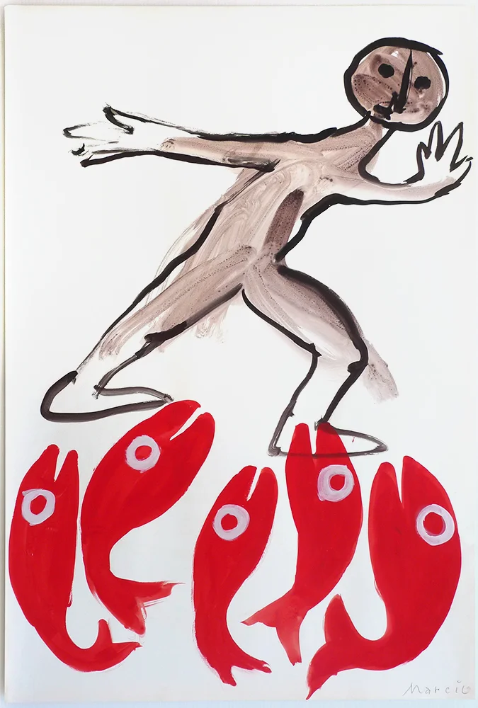 Rene Marcil : Untitled, 1988, figure with fish, acrylic on paper, 48 x 32 (97 x 77 cm)