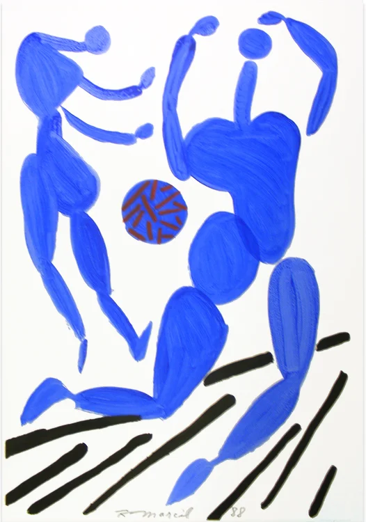 Rene Marcil : Untitled, two blue figures with ball, 1988, acrylic on paper, 48 x 32 inches