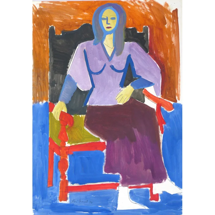 Rene Marcil : Untitled seated figure w blue hair, 1972, gouche on paper, 16 x 20 inches