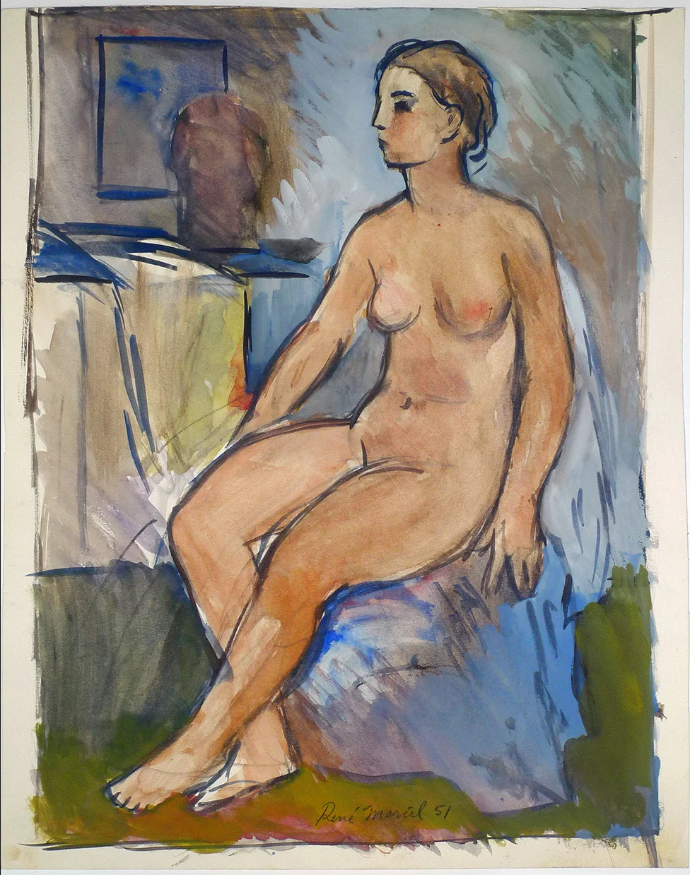 Rene Marcil : Untitled seated nude, 1952, gouache on paper, 17 x 14 inches