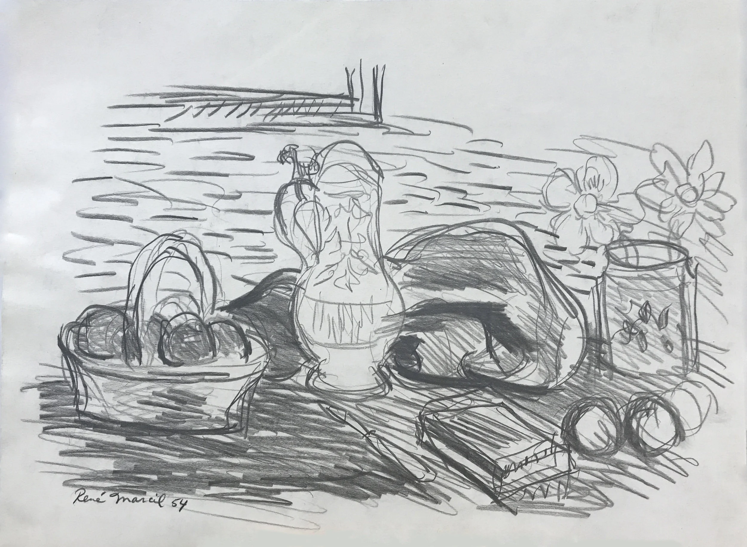 Rene Marcil : Still Life, 1954, pencil on paper, 10 x 14 inches
