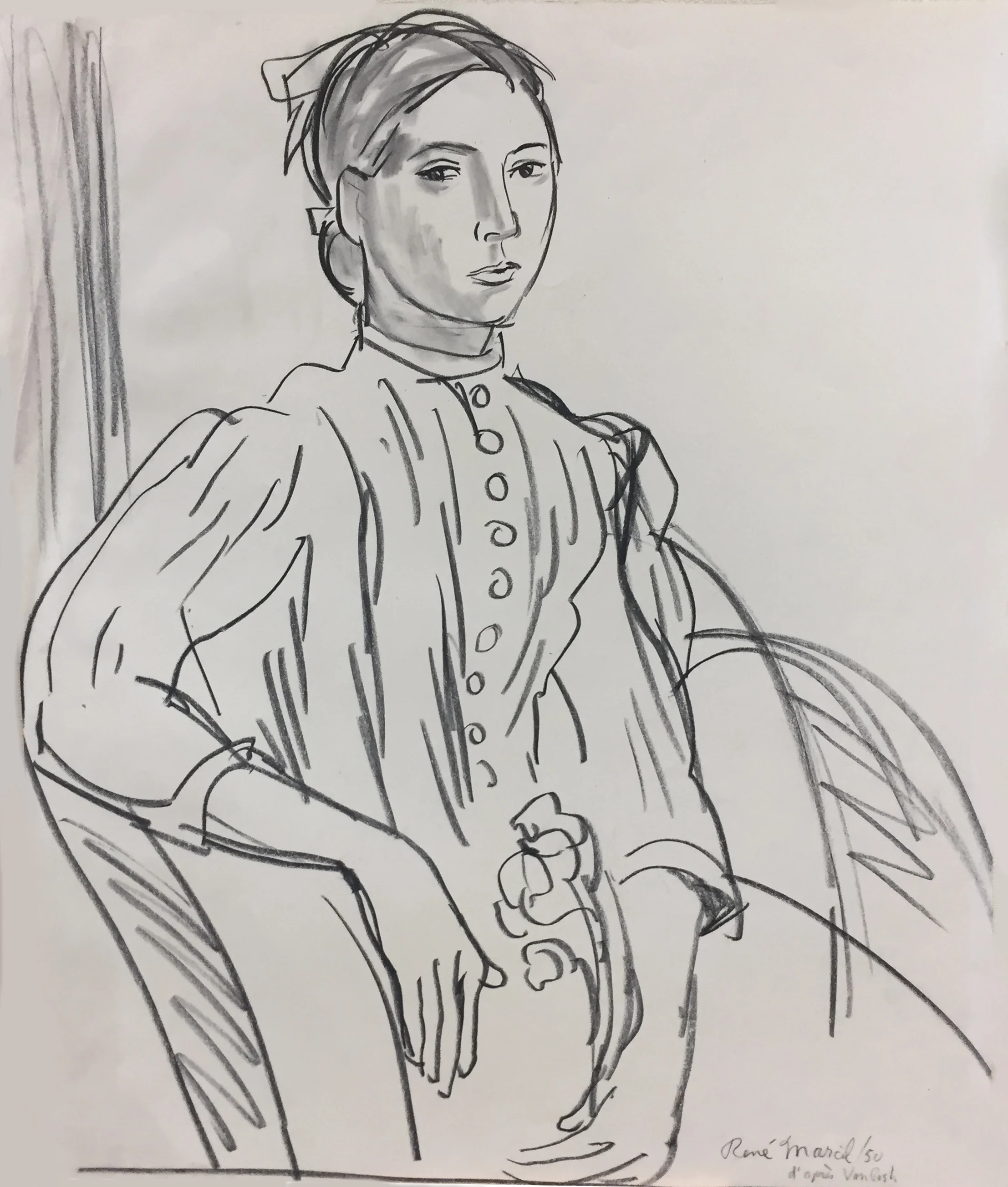 Rene Marcil : Jeune fille - L'apres Van Gogh, 1950, pencil on paper, 14 x 18 inches