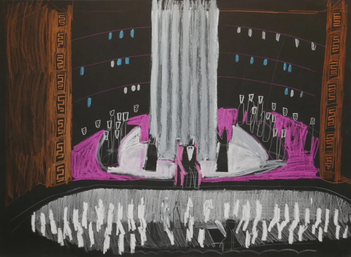 David Hockney : Chorus Principals Narrator Orchestra Masks from Oedipus Rex, 1981, crayon on paper, 22.5 x 30 inches