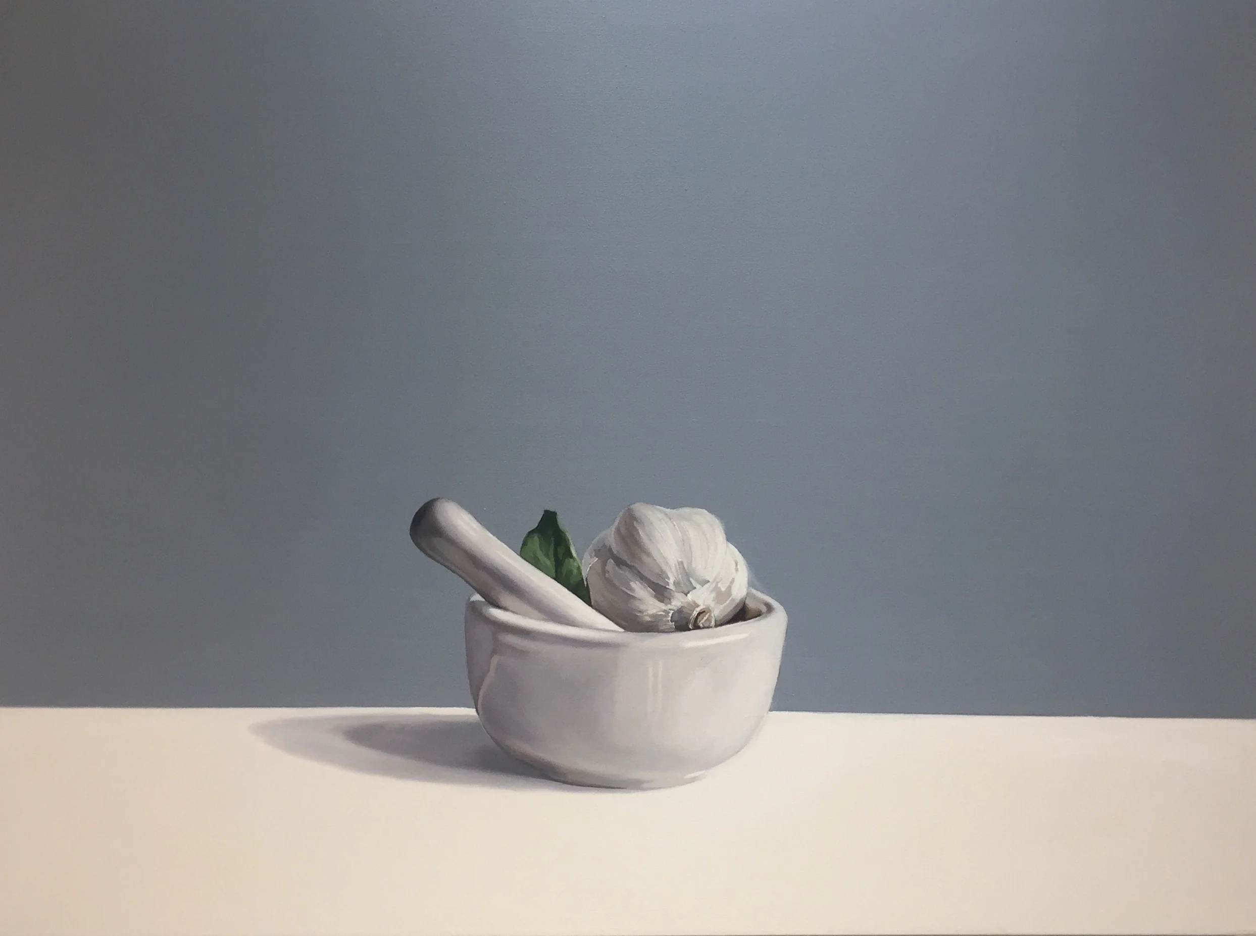 Tritan Braho : Bowl with Garlic, 2018, oil on canvas, 30 x 40 inches