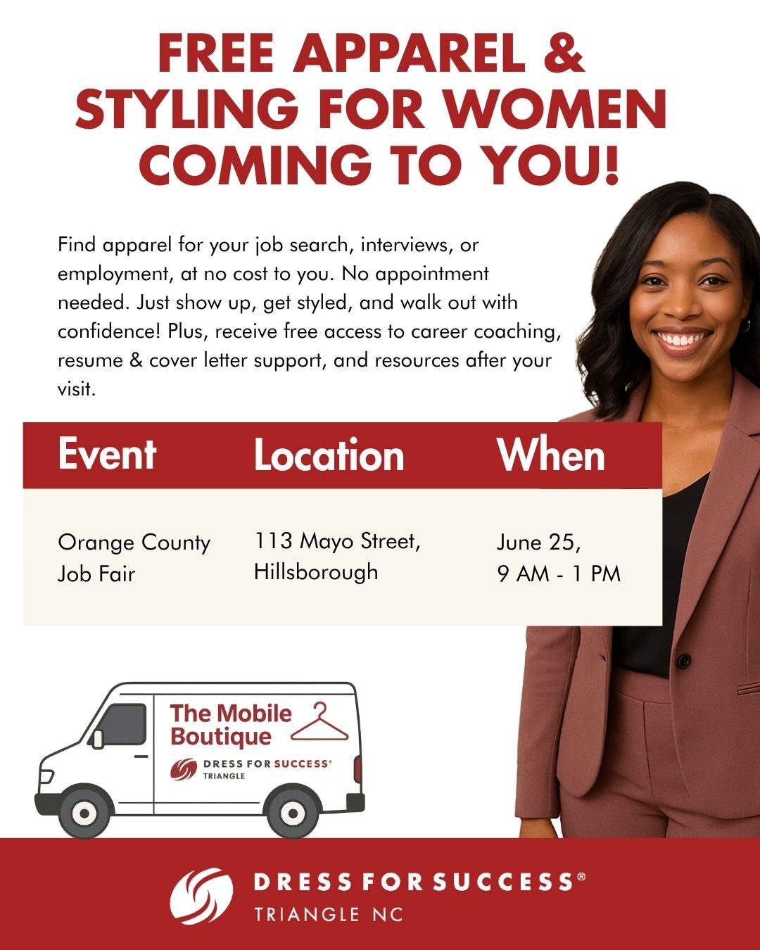 We're bringing our Mobile Boutique to the Orange County Job Fair this Wednesday!

Stop by for free apparel, personalized styling, and career support to help you feel confident and ready for your next opportunity. 

No appointment needed&mdash;just sh