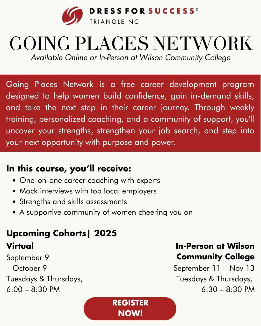 ✨ Don&rsquo;t forget! Our Going Places Network program is kicking off soon!

Available online or in person at Wilson Community College.

Take the next step in your career with confidence&mdash;register for free today!

📅 Virtual: Sept 9 &ndash; Oct 