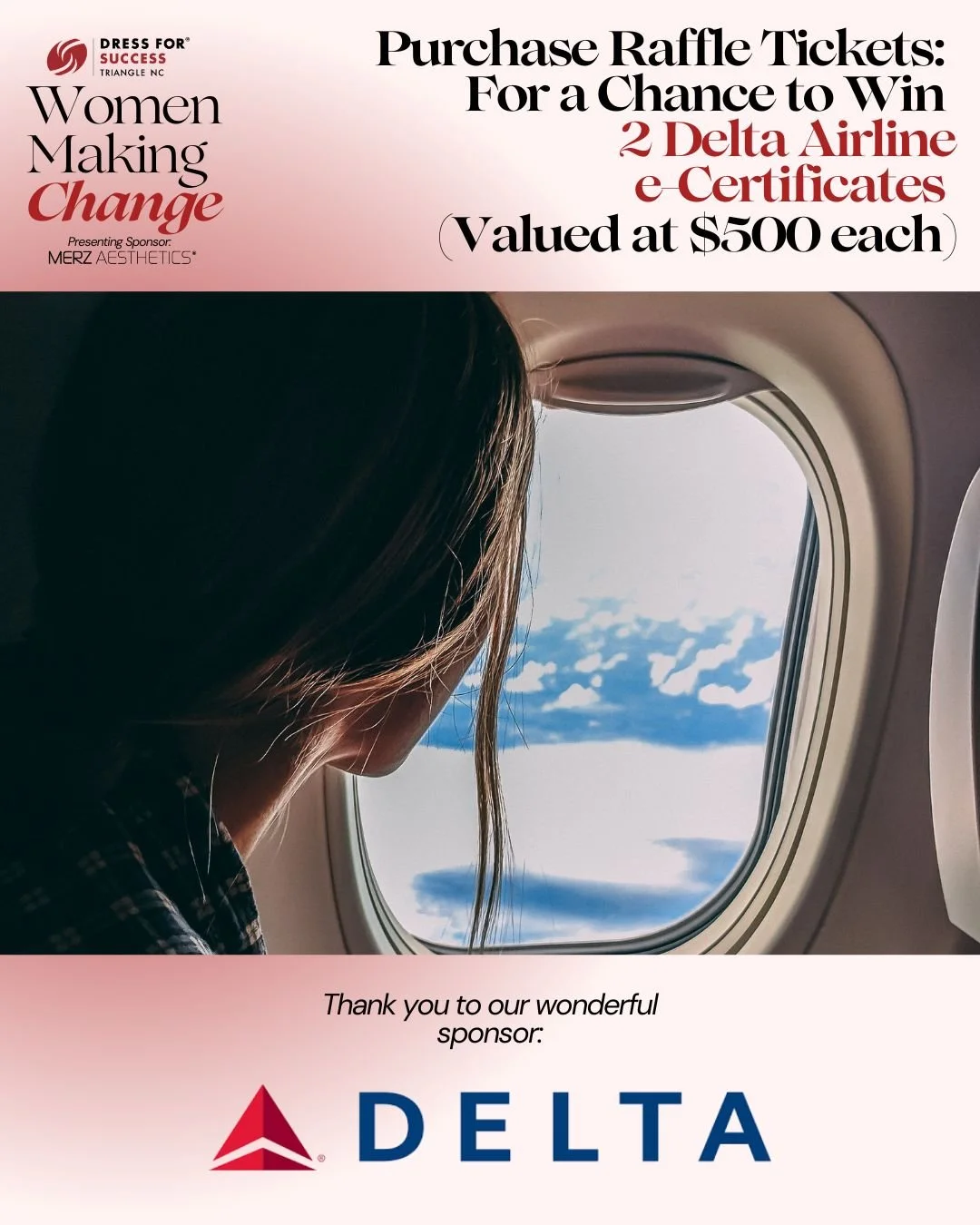 ✨ Win &amp; make a difference! ✨

Purchase raffle tickets for Women Making Change and you could win a $1,000 Delta Airlines eCertificate, while supporting programs that help NC women build careers, confidence &amp; financial mobility.

🎟️ $50 = 1 ti