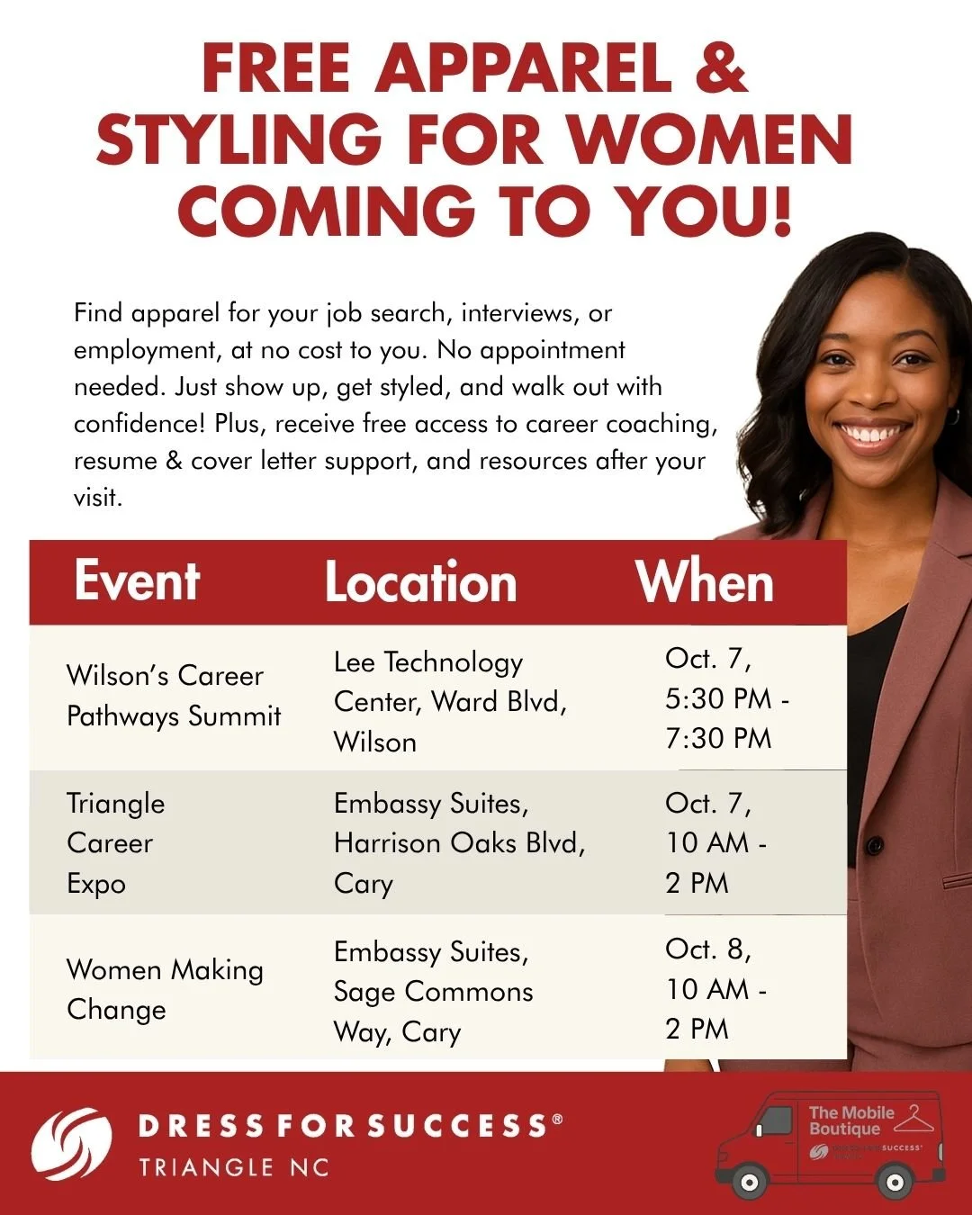 ✨ Reminder: the Mobile Boutique is on the move this upcoming week! ✨

Join Dress for Success Triangle for free apparel and styling to help you feel confident for your job search, interviews, or career.

No appointment needed! Just show up, get styled