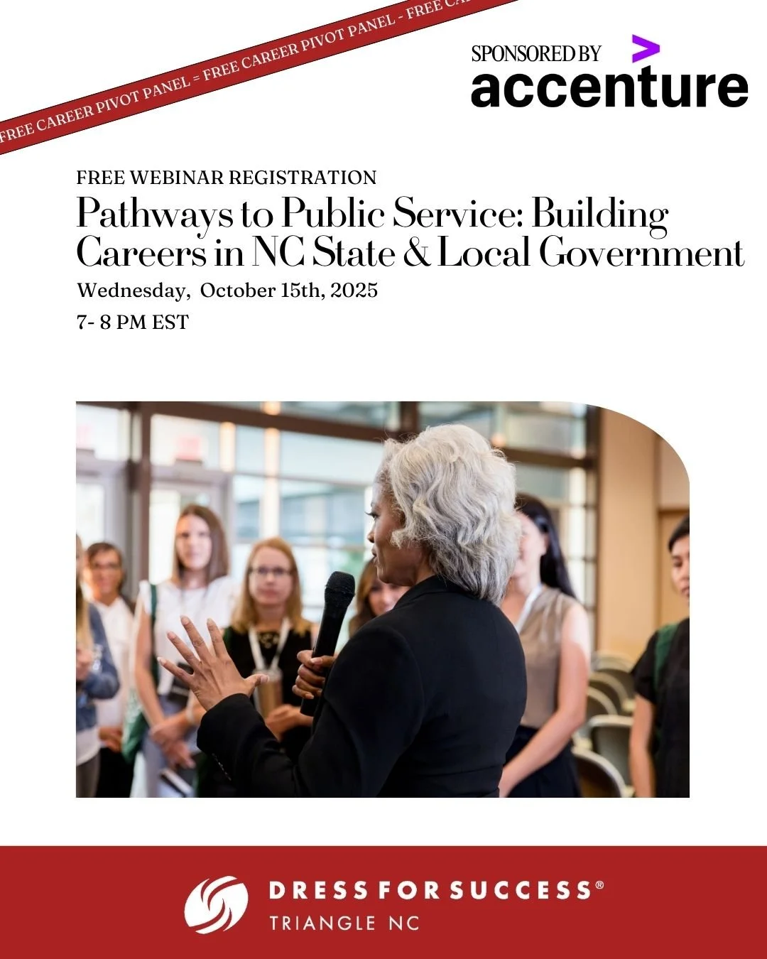 Happening tomorrow, Wed, Oct 15 at 7 PM!

Join us for Pathways to Public Service, a free virtual panel exploring careers in NC state and local government. 💼

Graciously sponsored by @Accenture, whose support helps women explore new career pathways a