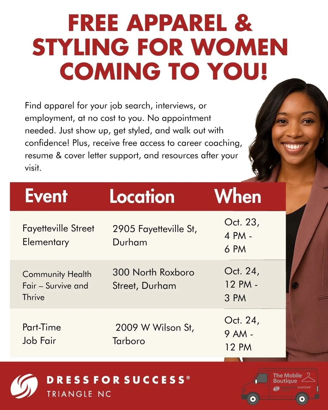 ✨ The Mobile Boutique is on the move this upcoming week! ✨

Join Dress for Success Triangle for free apparel and styling to help you feel confident for your job search, interviews, or career.

No appointment needed! Just show up, get styled, and leav