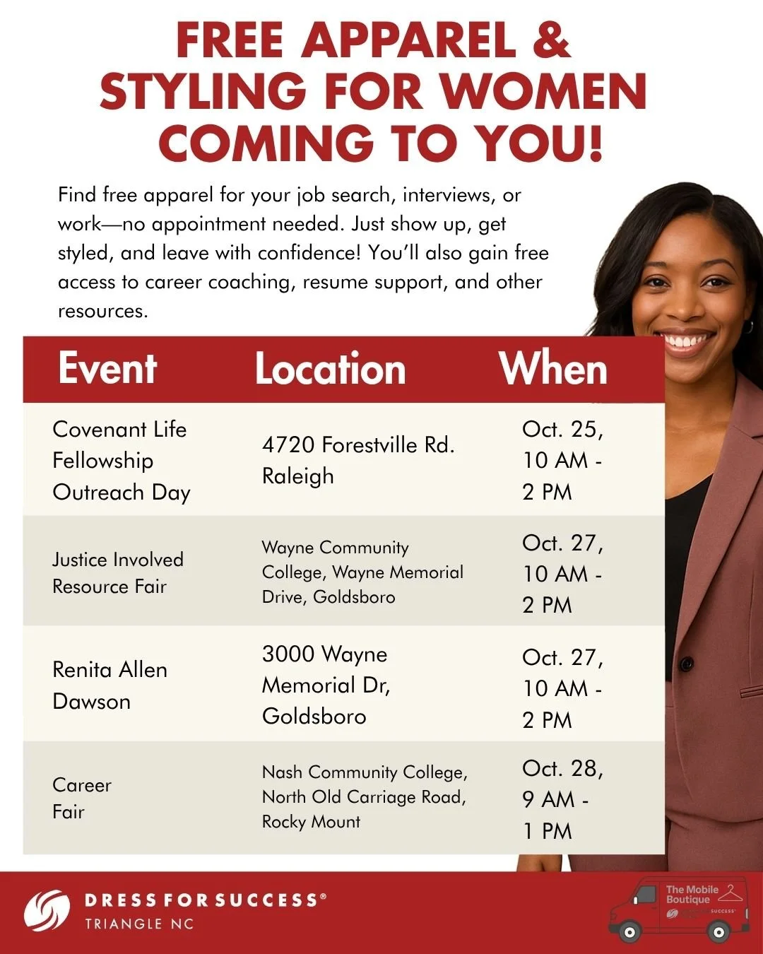 ✨ The Mobile Boutique is on the move! ✨

Join Dress for Success Triangle for free apparel and styling to help you feel confident for your job search, interviews, or career.

No appointment needed! Just show up, get styled, and leave ready to succeed!
