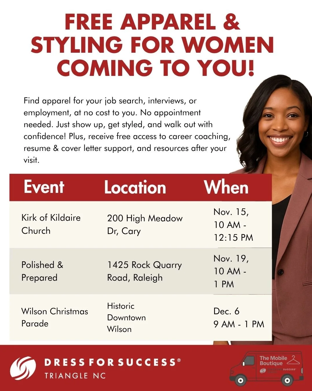 ✨ The Mobile Boutique is on the move again! ✨

Join Dress for Success Triangle for free apparel and styling to help you feel confident for your job search, interviews, or career.

No appointment needed! Just show up, get styled, and leave ready to su