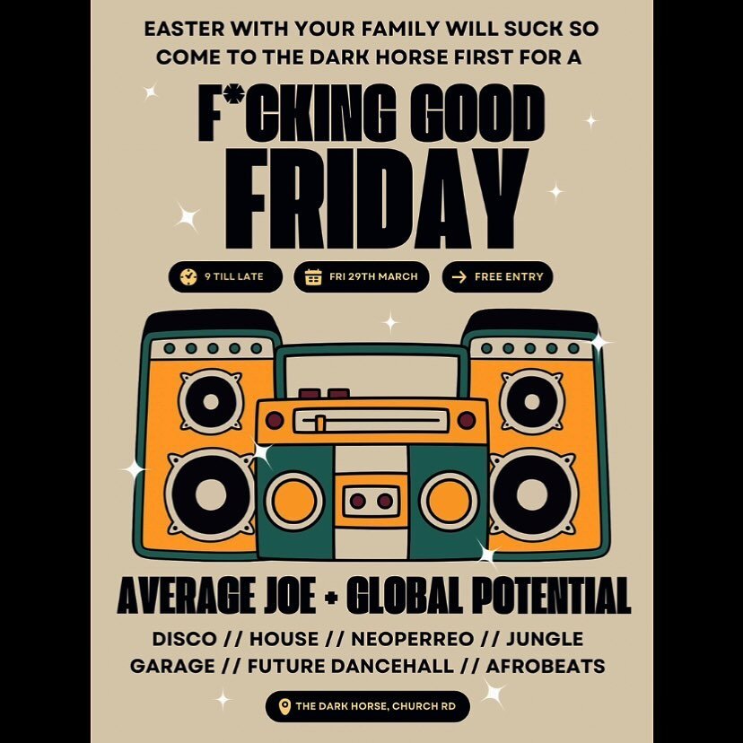 Before the eggs, before the bunnies, before the roast with your family&hellip; you deserve a F*cking Good Friday. Come to The Dark Horse and you&rsquo;ll have one 🍻🎶 
#goodfriday #bristol #easterweekend #easter2024 #bristolnightlife #bristolpubs #b