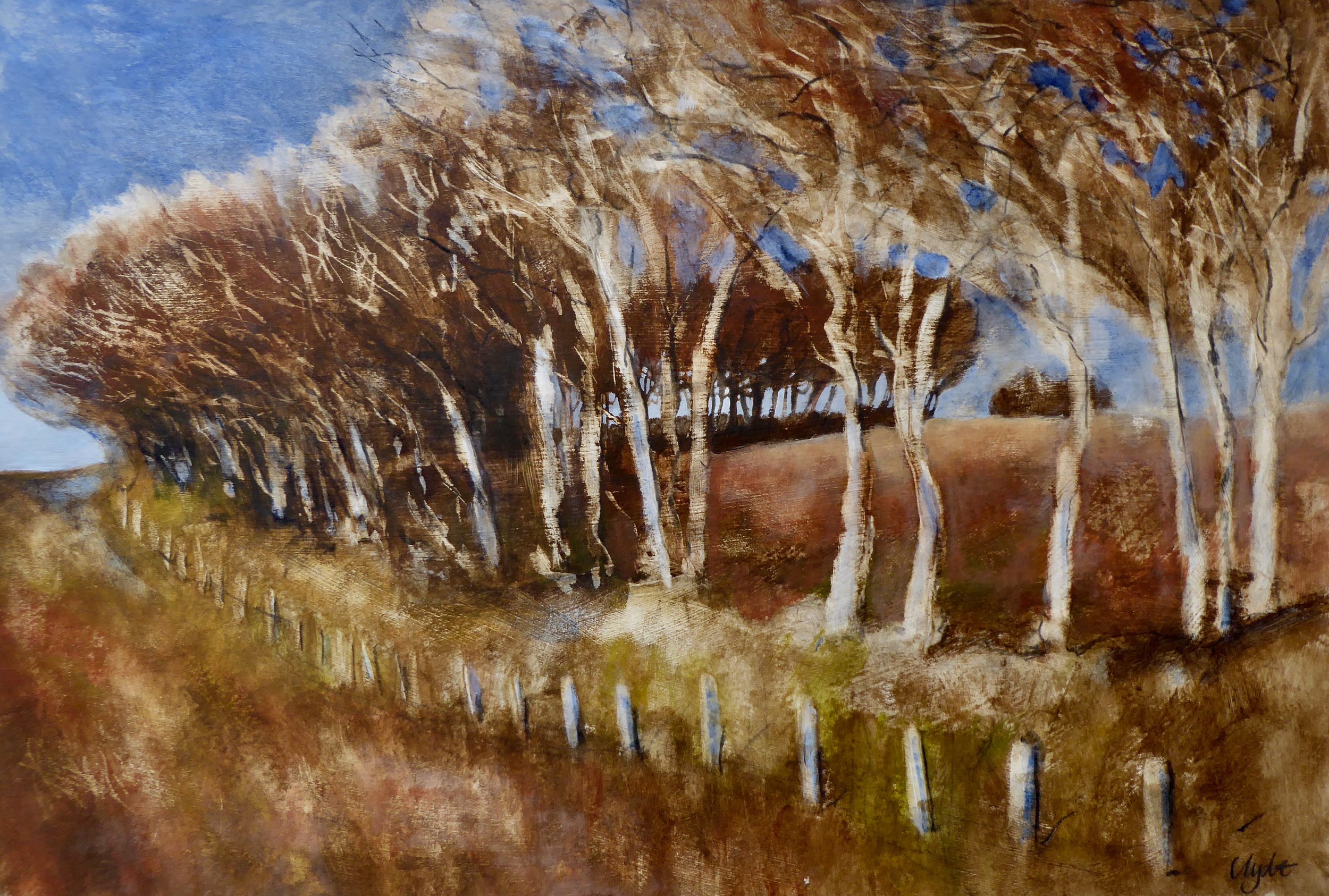 Trees at Lucott Cross acrylic on board 67 x 46 cm £550