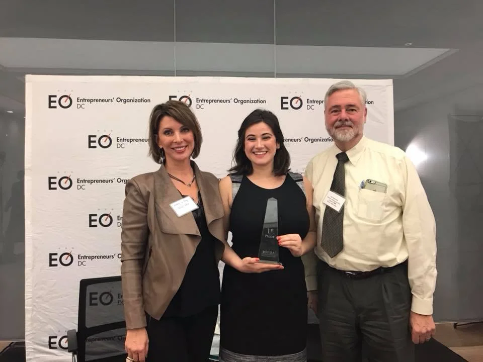 Danya Sherman alongside Kathy Korman Frey (Founder, Hot Mommas Project) and Lex McCusker (GW New Venture Competition) of the George Washington University School of Business.