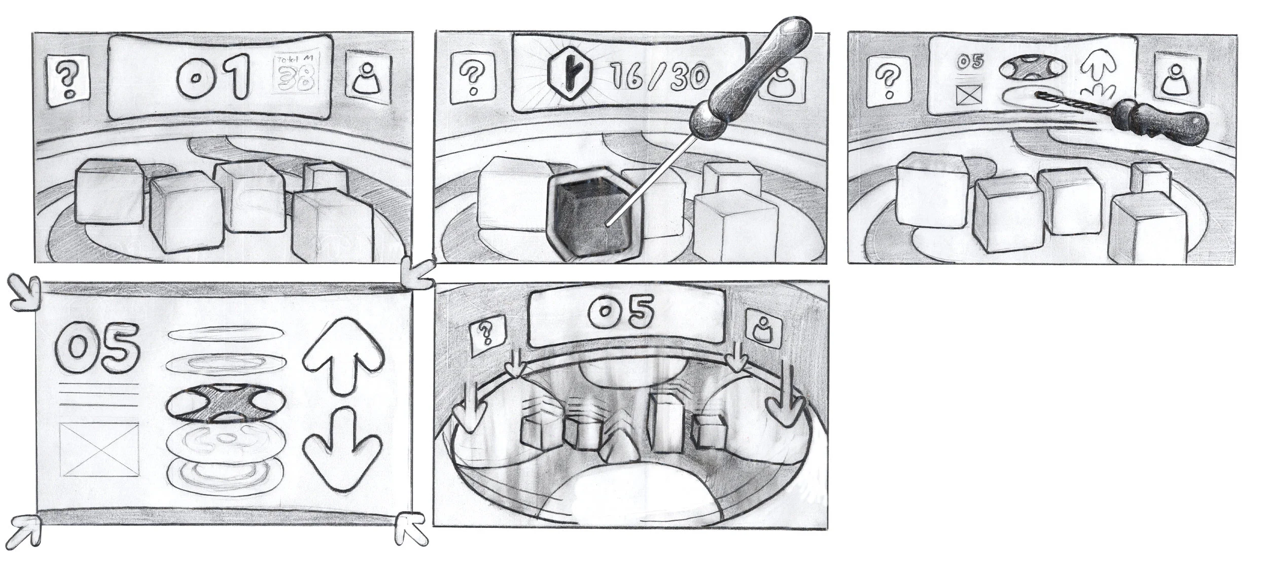One of my concepts involved a physical screen that appeared within the level. By selecting it the user could quickly move to different levels without feeling that they've been pulled out of the gameplay. Although we discarded this model, the concept of an in-game screen was retained