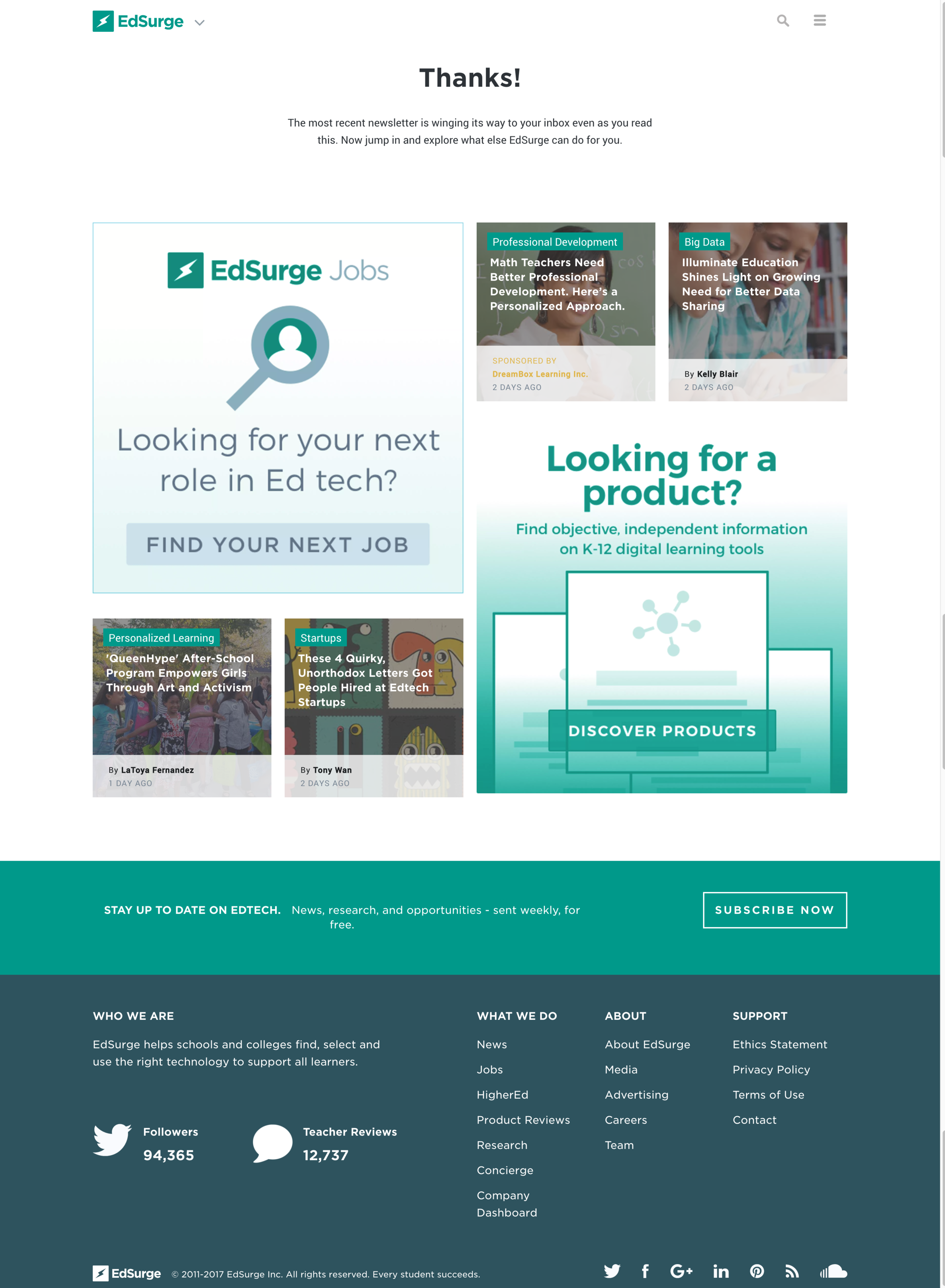 EdSurge shares a number of resources on its Thank You page including recent articles.