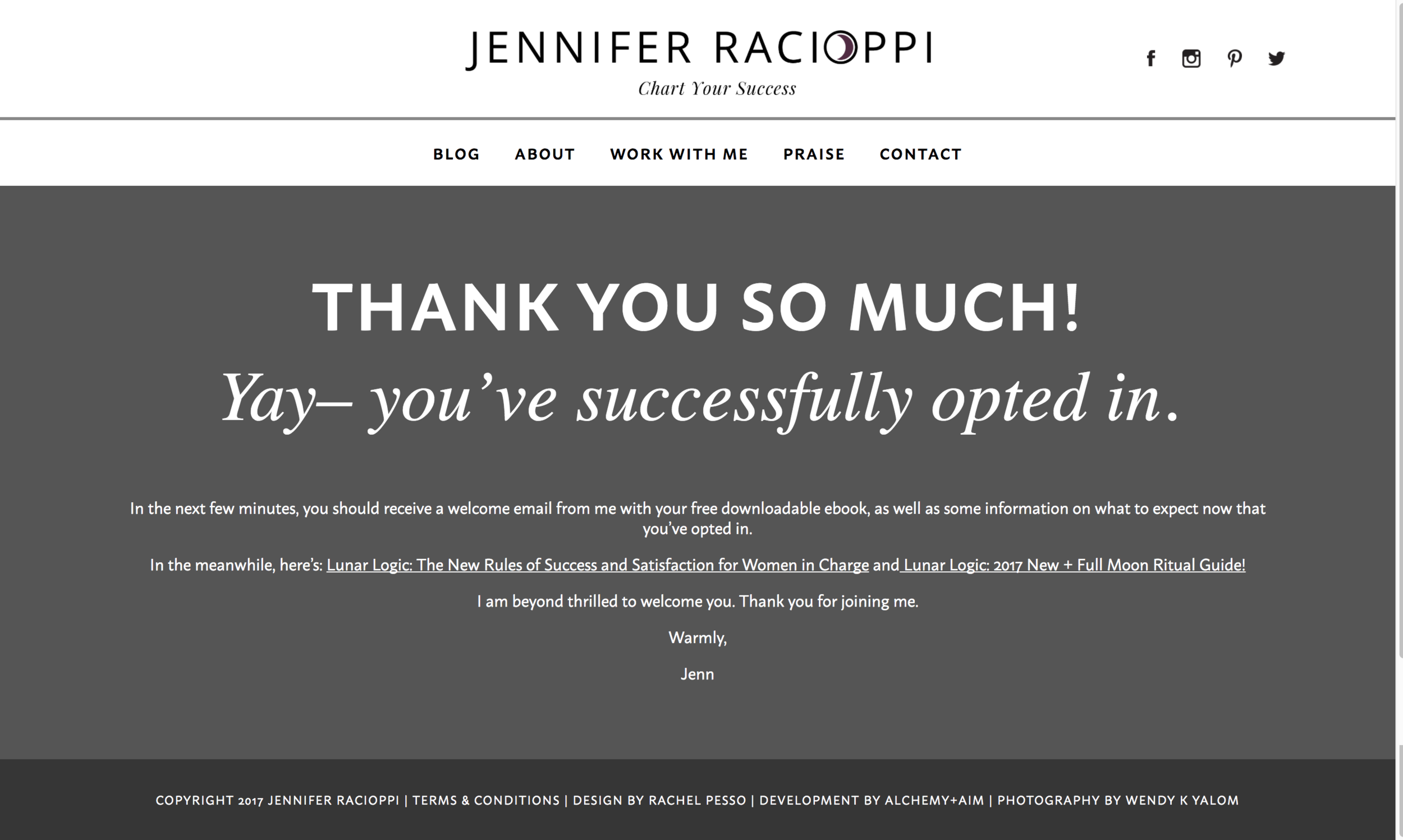 Jennifer Racioppi's Thank You page is casual and brief.