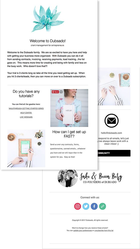 Dubsado's welcome email is very graphical with lots of tidbits of info.